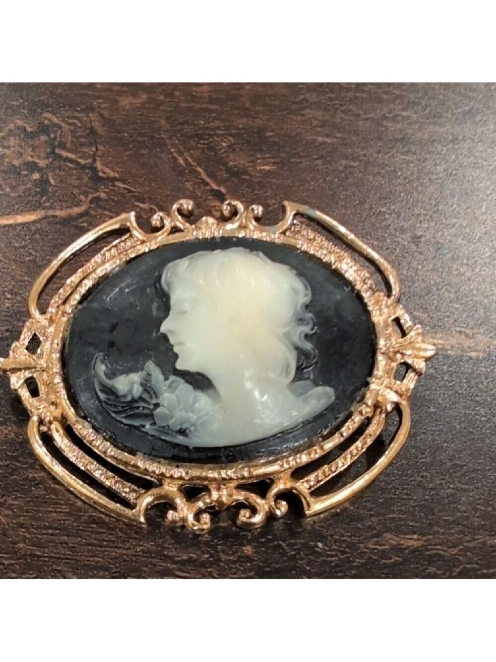 Vintage Cameo Brooch with Gold Tone Frame, Colors Black White Gold